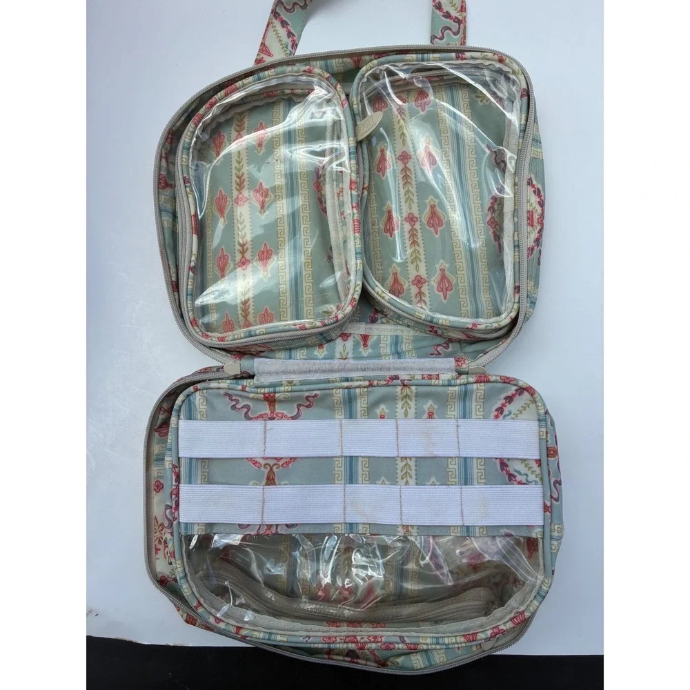 Vintage Style Floral Urn Stripe Travel Toiletry Bag Organizer Blue Pink
